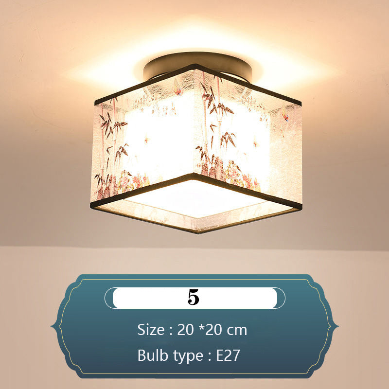 Chinese Round Square Ceiling Lights Fixtures Fabric For Living Room Aisle Shade Mounted Lamp