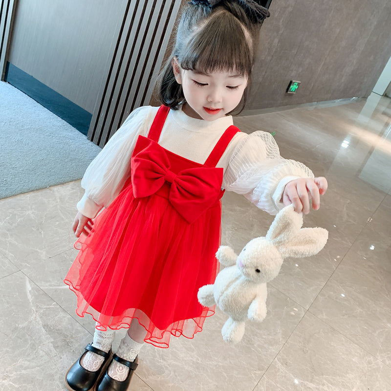 Winter Children's Clothing Spring And Autumn Bow Tie Skirt Two-piece Dress
