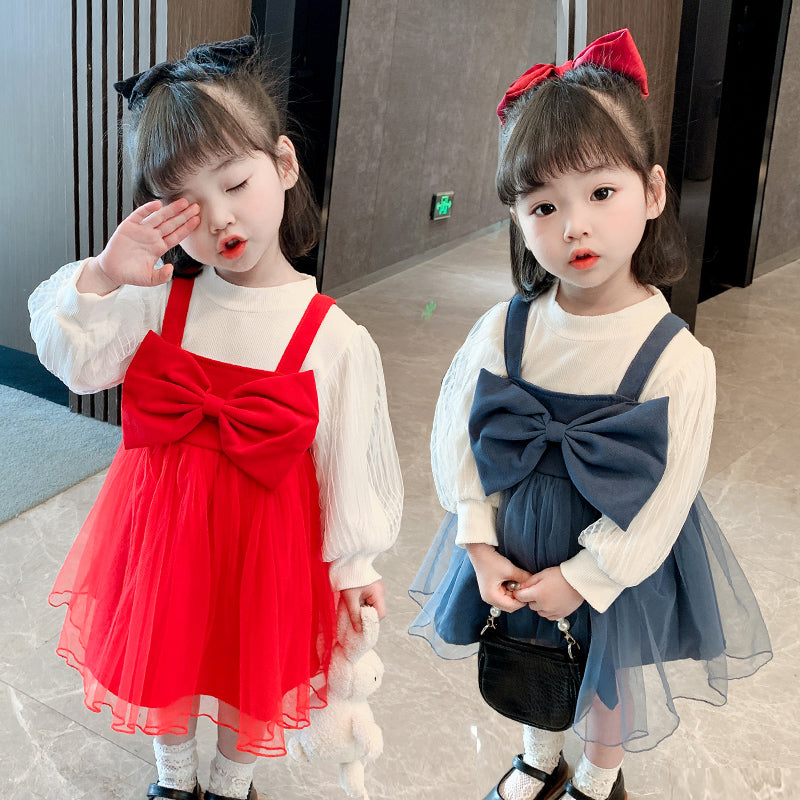 Winter Children's Clothing Spring And Autumn Bow Tie Skirt Two-piece Dress