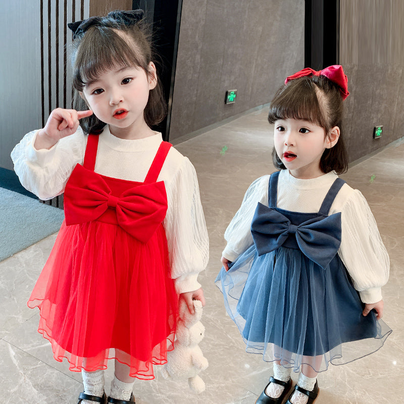 Winter Children's Clothing Spring And Autumn Bow Tie Skirt Two-piece Dress