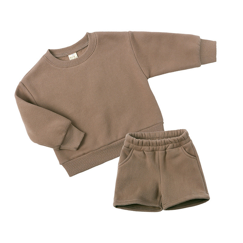 Children's Clothing Solid Color Long Sleeve Fleece And Shorts Suit Western Style