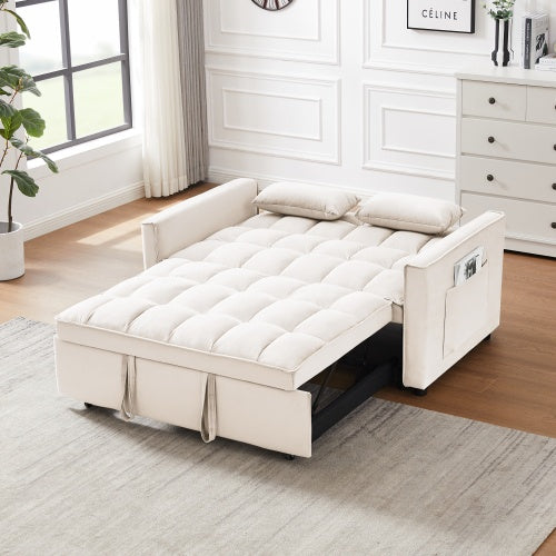 Modern Velvet Loveseat Futon Sofa Couch W Pullout Bed,Small Love Seat Lounge Sofa W Reclining Backrest,Toss Pillows, Pockets,Furniture For Living Room,3 In 1 Convertible Sleeper Sofa Bed, Creamy White