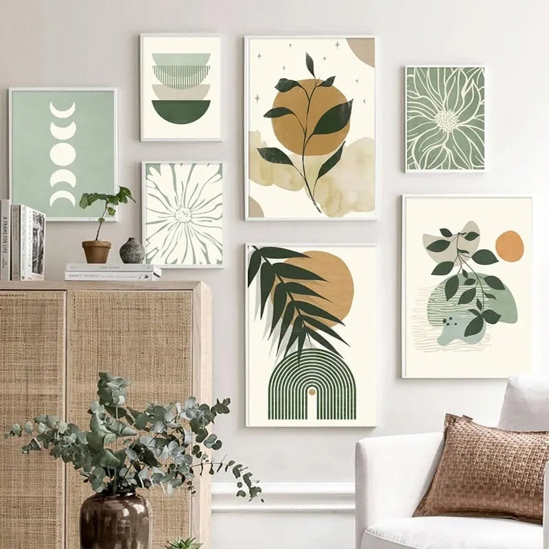 Green plant canvas painting with tropical leaves on white wall