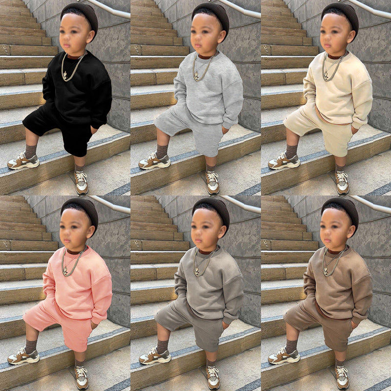 Children's Clothing Solid Color Long Sleeve Fleece And Shorts Suit Western Style