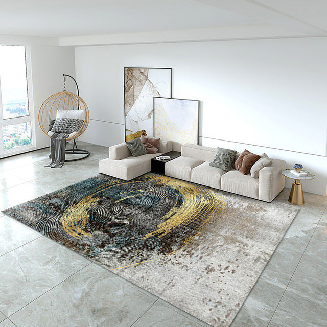 Modern minimalist crystal velvet rug in neutral-toned living room
