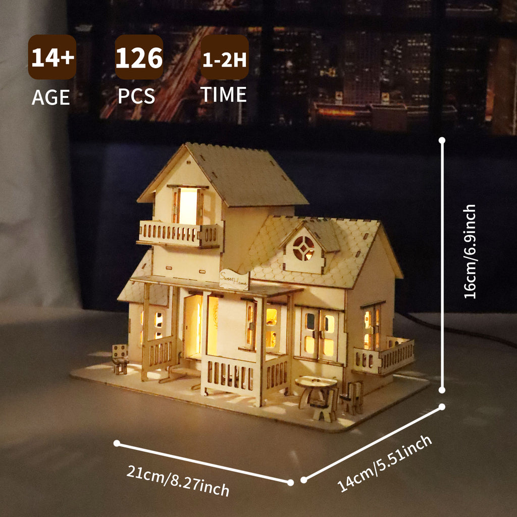 Sales Are Prohibited On The TEMU And SHEIN -MUSIC PARK 3D Wooden Puzzle Sweet Home Music Box Hands Craft Miniature Dollhouse Kits 3D Model Diy House Building With LED Night Lights Gifts For Christmas