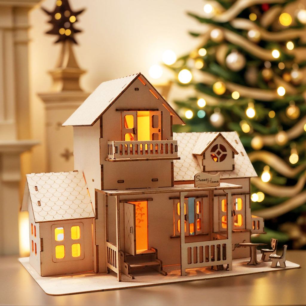 Sales Are Prohibited On The TEMU And SHEIN -MUSIC PARK 3D Wooden Puzzle Sweet Home Music Box Hands Craft Miniature Dollhouse Kits 3D Model Diy House Building With LED Night Lights Gifts For Christmas