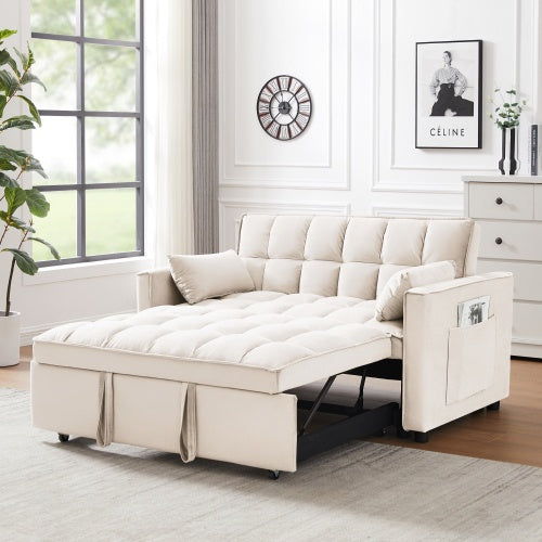 Modern Velvet Loveseat Futon Sofa Couch W Pullout Bed,Small Love Seat Lounge Sofa W Reclining Backrest,Toss Pillows, Pockets,Furniture For Living Room,3 In 1 Convertible Sleeper Sofa Bed, Creamy White