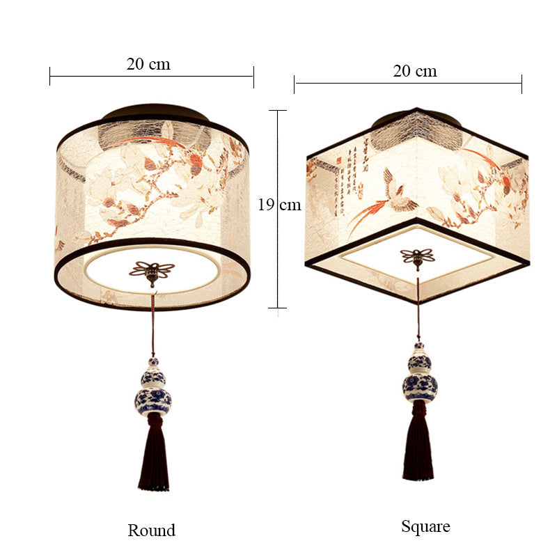 Chinese Round Square Ceiling Lights Fixtures Fabric For Living Room Aisle Shade Mounted Lamp