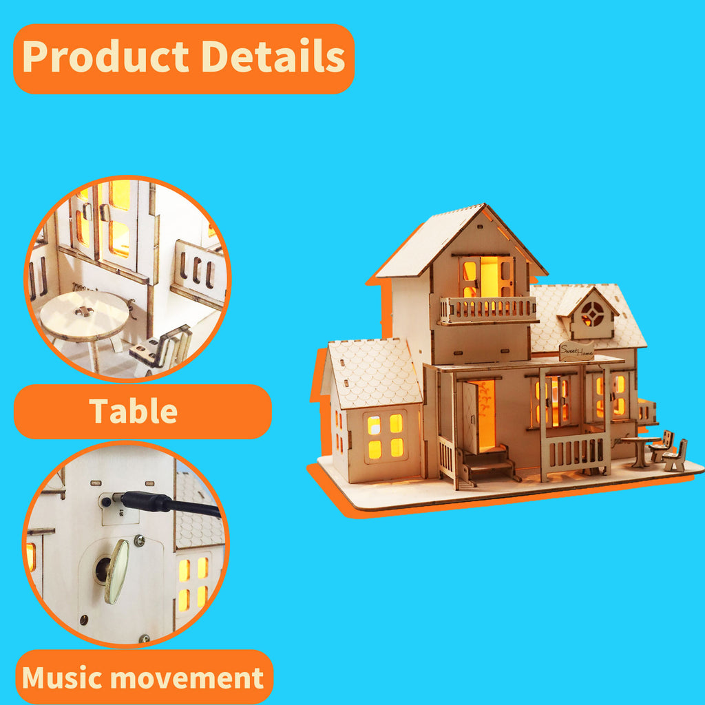 Sales Are Prohibited On The TEMU And SHEIN -MUSIC PARK 3D Wooden Puzzle Sweet Home Music Box Hands Craft Miniature Dollhouse Kits 3D Model Diy House Building With LED Night Lights Gifts For Christmas