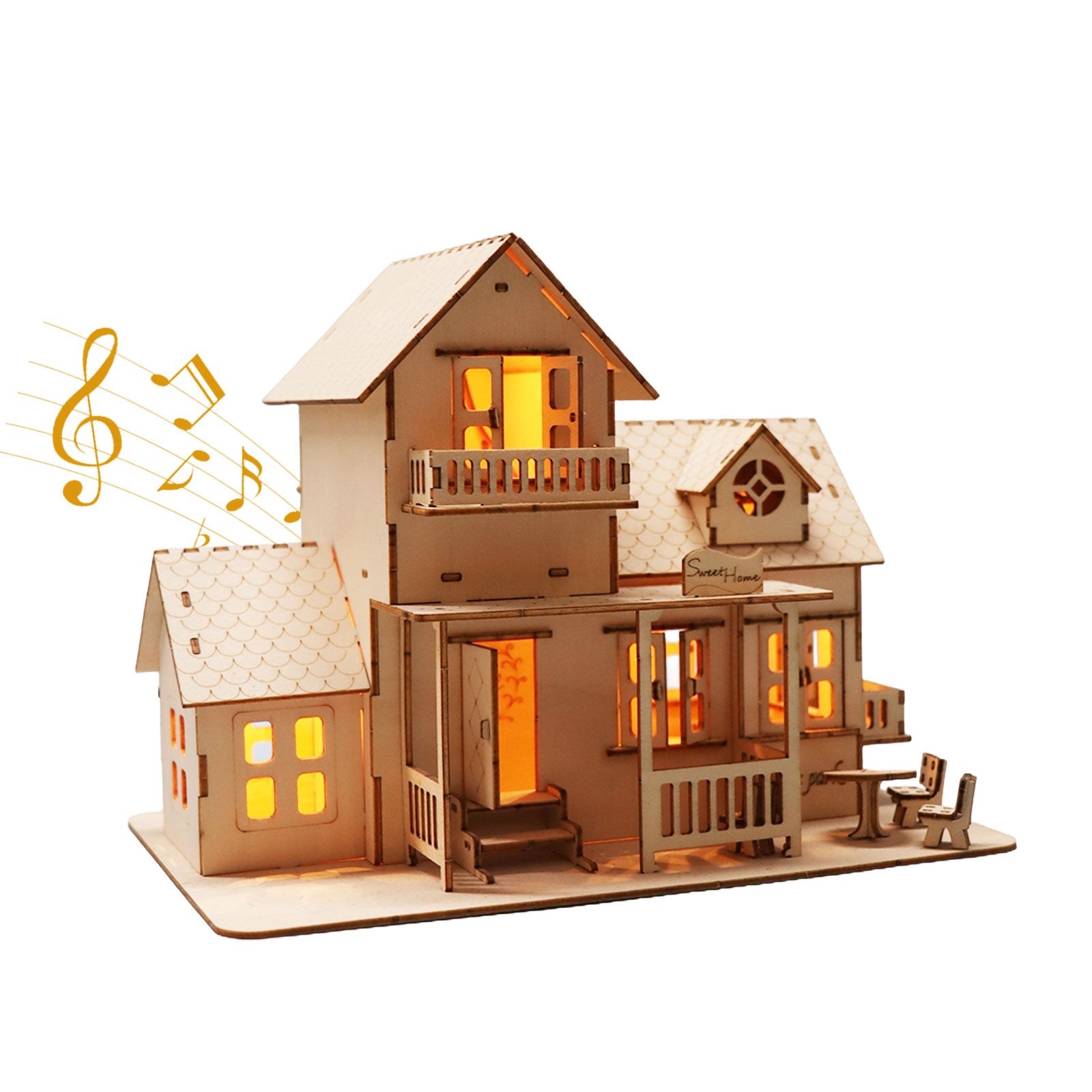Sales Are Prohibited On The TEMU And SHEIN -MUSIC PARK 3D Wooden Puzzle Sweet Home Music Box Hands Craft Miniature Dollhouse Kits 3D Model Diy House Building With LED Night Lights Gifts For Christmas