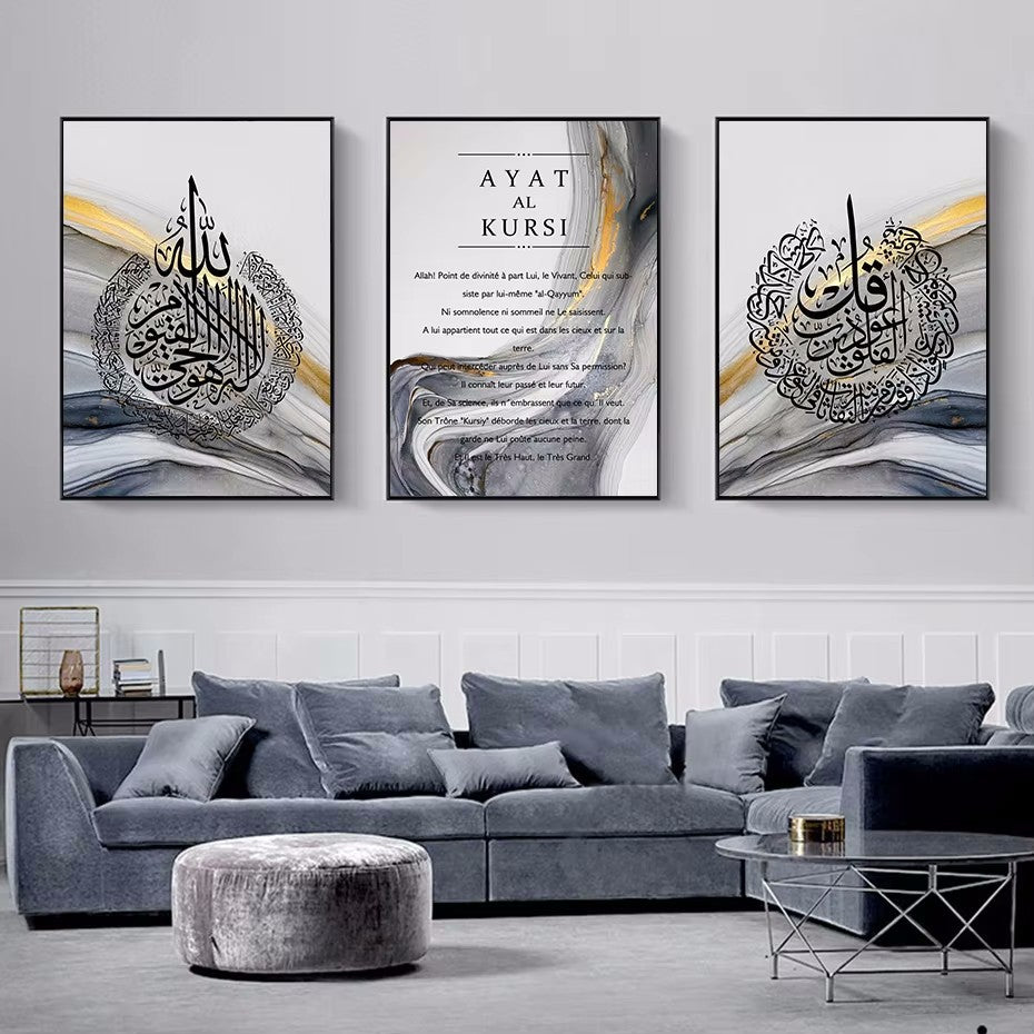 Modern abstract canvas painting mounted above living room sofa