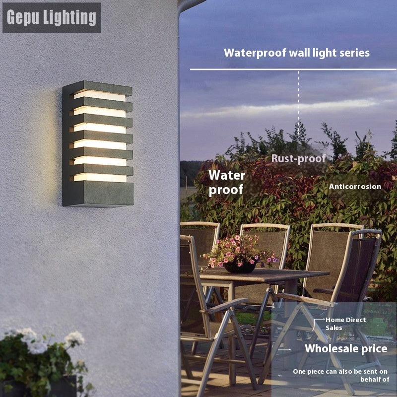 Modern minimalist outdoor wall lamp on a white exterior wall