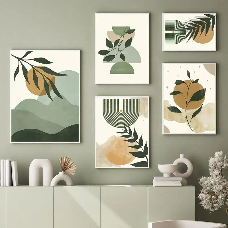Minimalist botanical artwork above wooden living room console